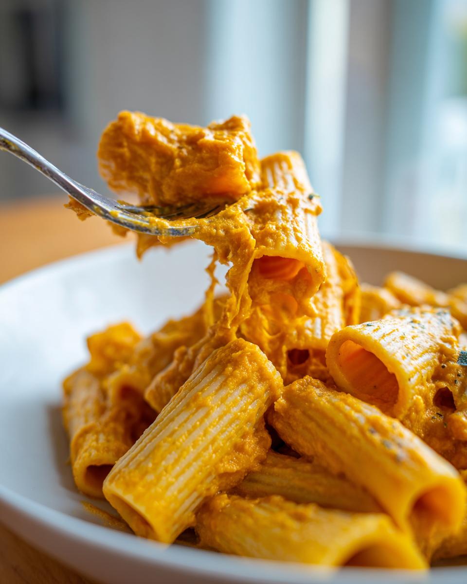 Close-up of rigatoni pasta coated in thick, vibrant butternut squash pasta sauce, with a fork lifting a piece.