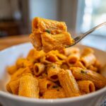 A fork lifting rigatoni pasta coated heavily in orange butternut squash pasta sauce from a white bowl.