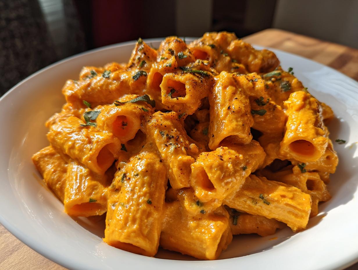 Close-up of rigatoni pasta coated heavily in a vibrant orange butternut squash pasta sauce, garnished with herbs.