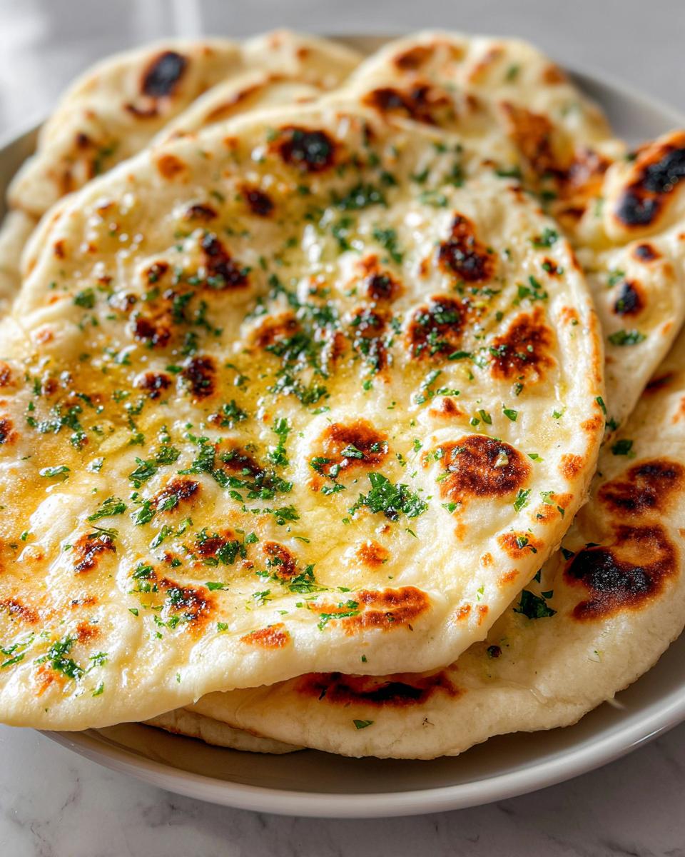 Close-up of freshly made naan bread brushed with melted butter and sprinkled with fresh green parsley.