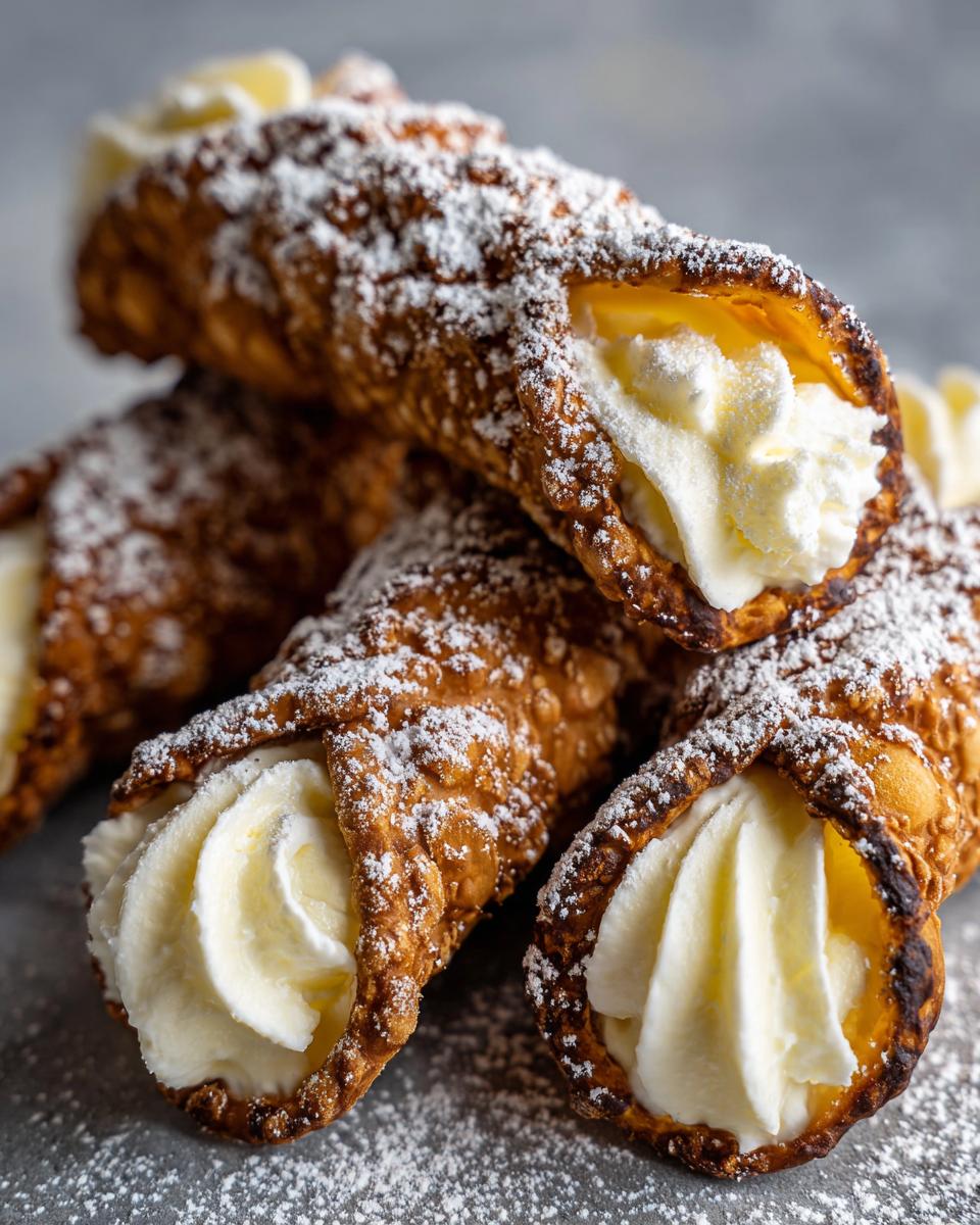 Close-up of several golden-brown cannoli recipe shells filled with creamy ricotta and dusted heavily with powdered sugar.