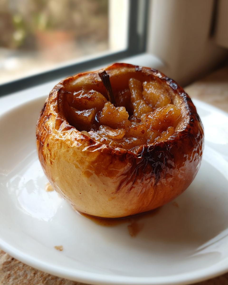 A close-up of a single, perfectly caramelized baked apple filled with spiced fruit on a white plate.