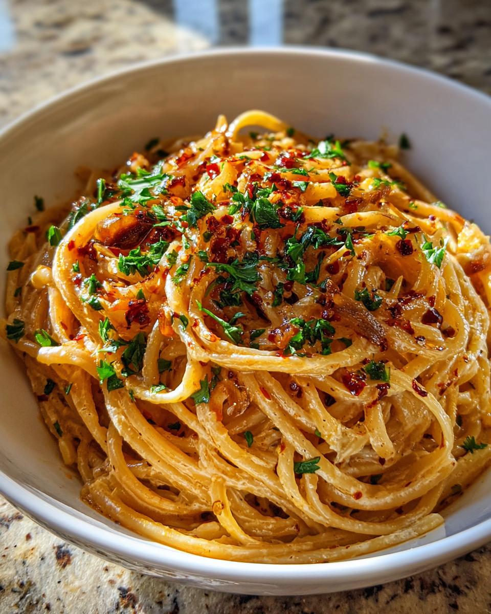 Close-up of creamy caramelized onion pasta topped with fresh parsley and chili flakes.