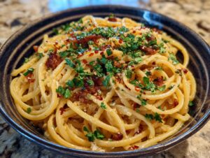A close-up of a bowl filled with creamy caramelized onion pasta, topped with parsley and chili flakes.