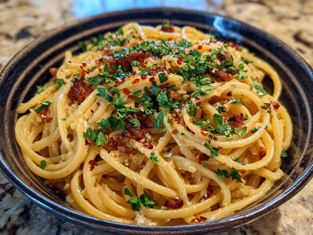 A close-up of a bowl filled with creamy caramelized onion pasta, topped with parsley and chili flakes.