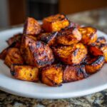A pile of perfectly caramelized and slightly charred roasted sweet potatoes served on a white plate.