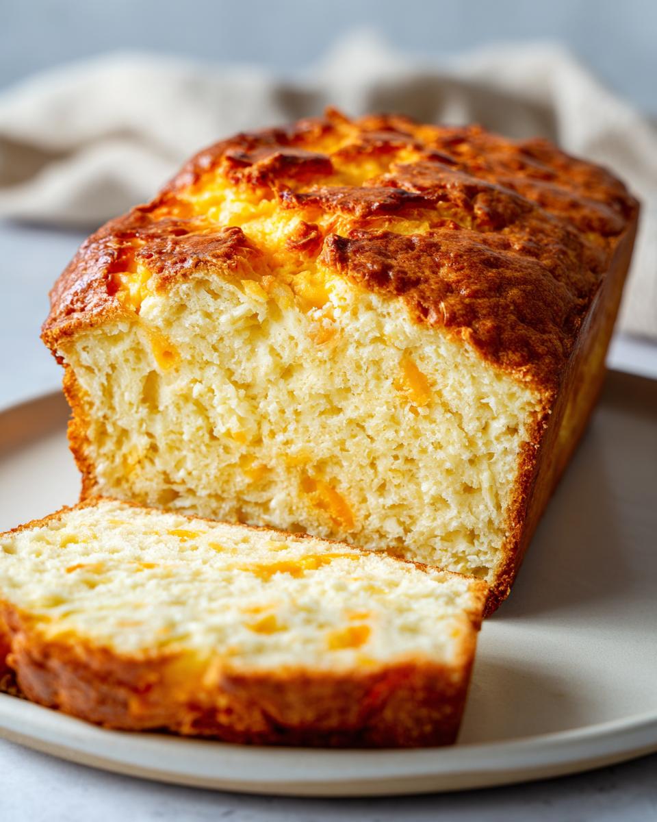 A loaf of freshly baked beer bread, sliced to show the cheesy interior and golden-brown crust.