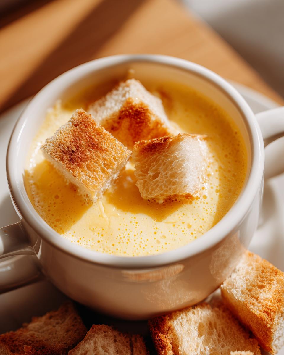 Close-up of creamy cheese fondue served in a white mug, topped with toasted bread cubes for dipping.