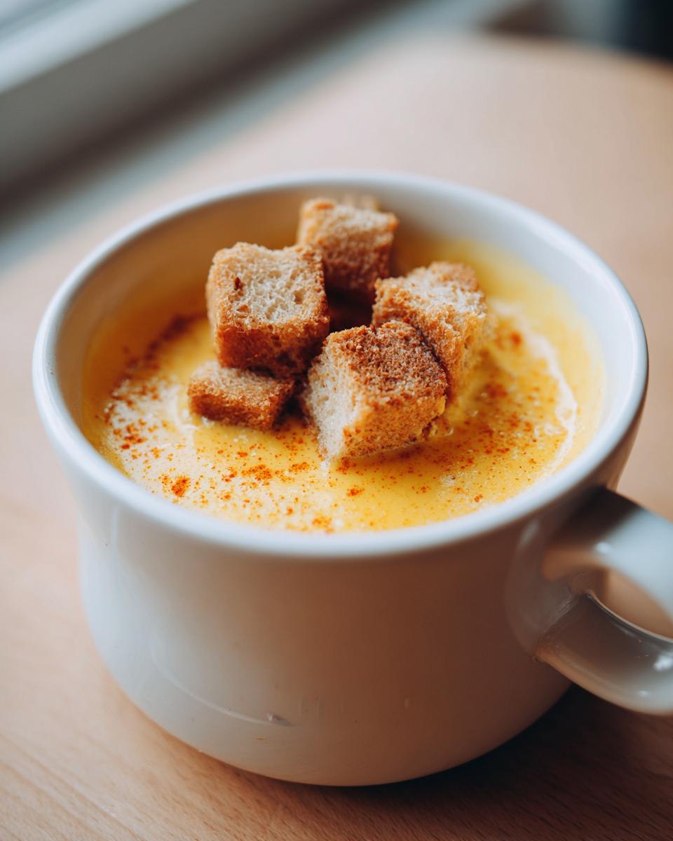 A white mug filled with creamy yellow cheese fondue, topped with toasted bread cubes and paprika.