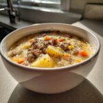 A close-up of a white bowl filled with creamy cheeseburger soup, featuring ground beef, potatoes, and carrots.