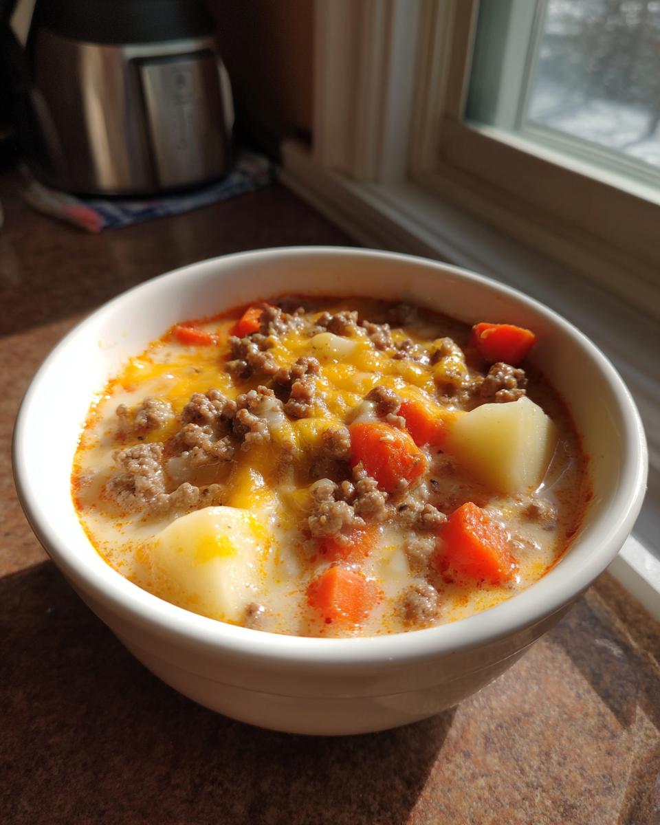 A close-up of a white bowl filled with creamy cheeseburger soup recipe, featuring ground beef, carrots, potatoes, and melted cheddar cheese.