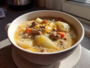 A close-up of a creamy bowl of cheeseburger soup recipe, featuring ground beef, potatoes, carrots, and melted cheddar cheese.