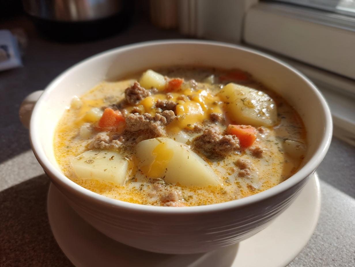 A close-up of a creamy bowl of cheeseburger soup recipe, featuring ground beef, potatoes, carrots, and melted cheddar cheese.
