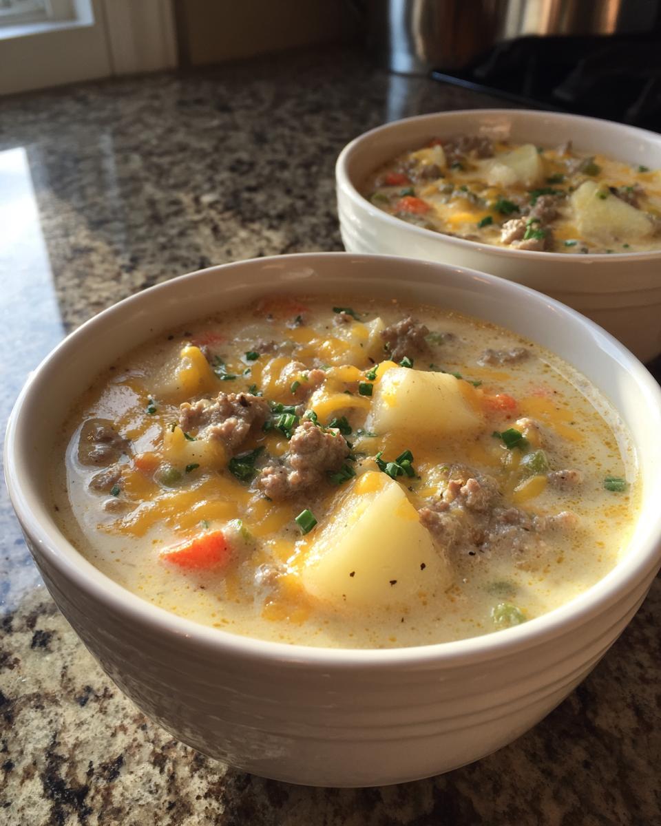 Two bowls of creamy cheeseburger soup recipe with ground beef, potatoes, and melted cheddar cheese.