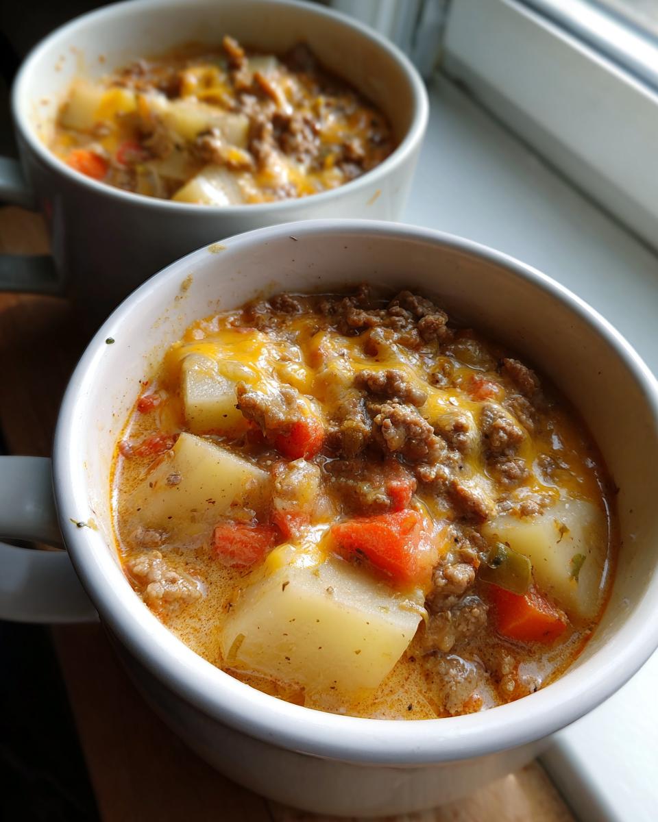 Two white mugs filled with creamy cheeseburger soup recipe, featuring ground beef, potatoes, carrots, and melted cheddar cheese.