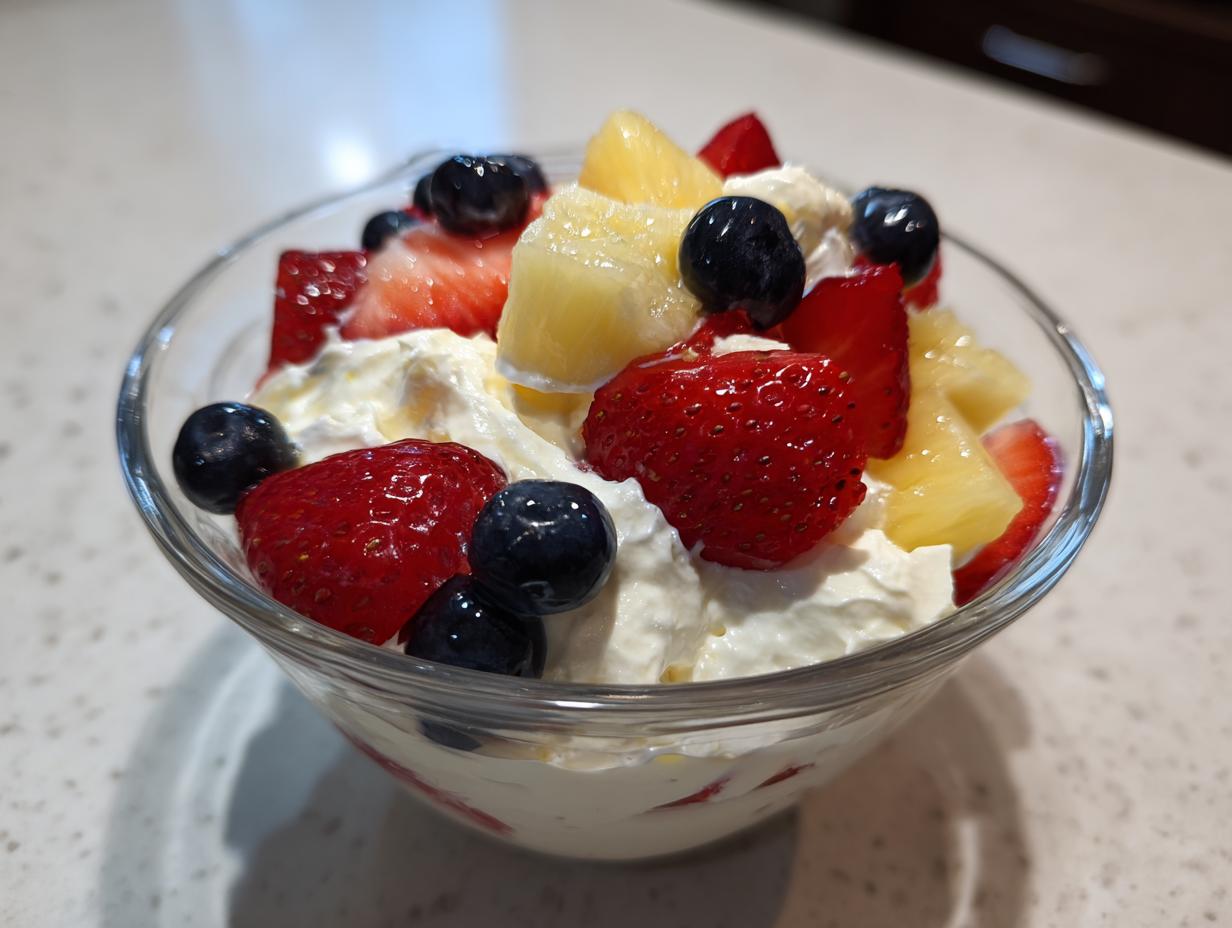 Close-up of a glass bowl filled with cheesecake fruit salad featuring strawberries, blueberries, and pineapple chunks mixed with cream.