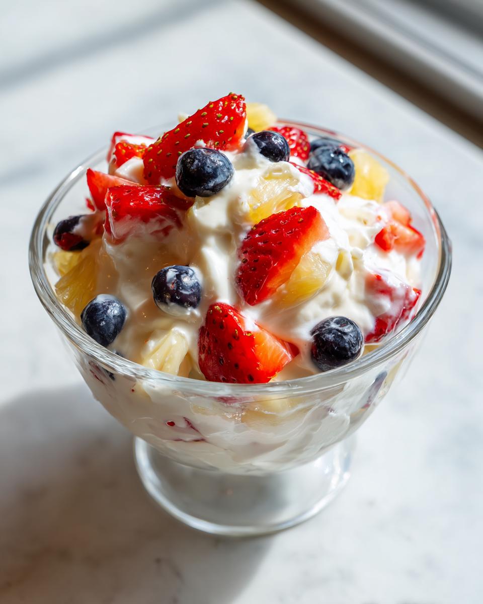 Close-up of a serving of cheesecake fruit salad with strawberries, blueberries, and pineapple mixed in a creamy dressing.