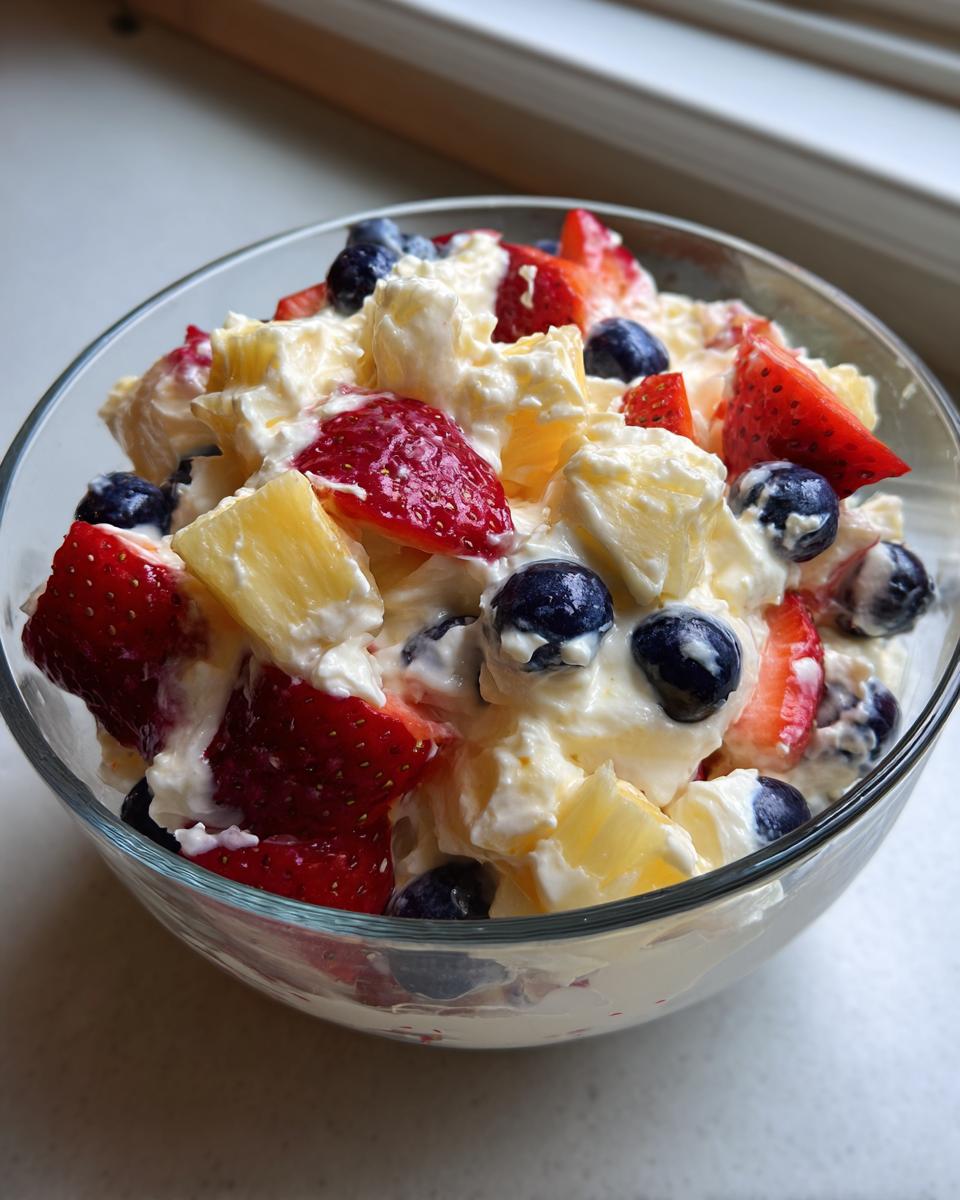 A close-up view of a creamy cheesecake fruit salad featuring strawberries, blueberries, and pineapple chunks.