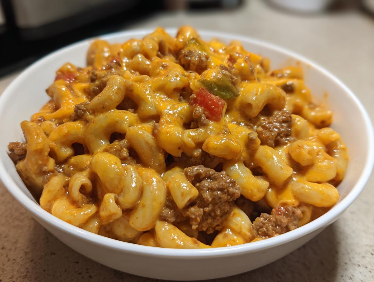 A close-up of a white bowl filled with creamy, cheesy taco pasta mixed with seasoned ground beef and diced peppers.