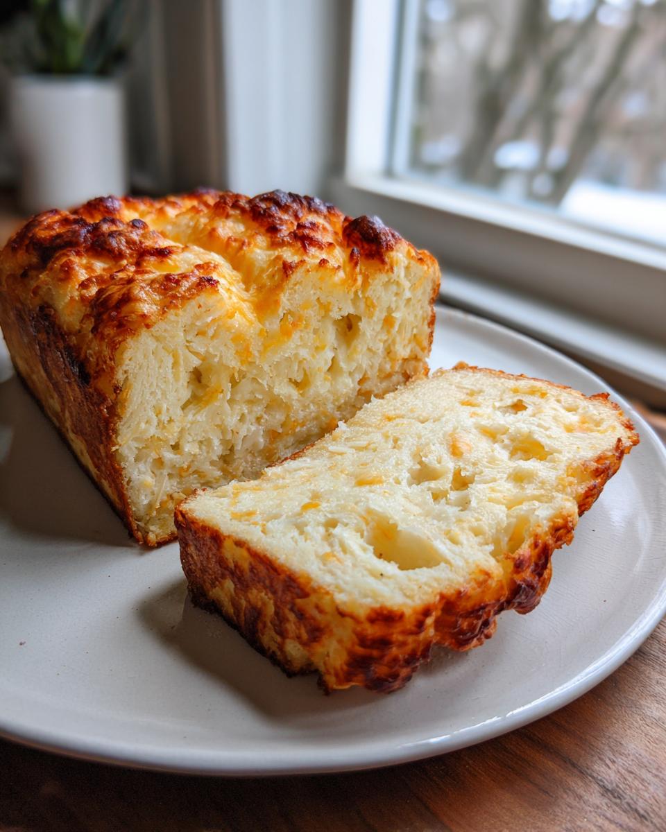 A golden-crusted, cheesy beer bread loaf sliced on a white plate, showing the soft interior.
