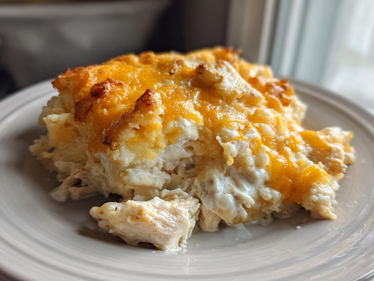 A close-up serving of creamy chicken and rice casserole topped with melted, browned cheddar cheese.
