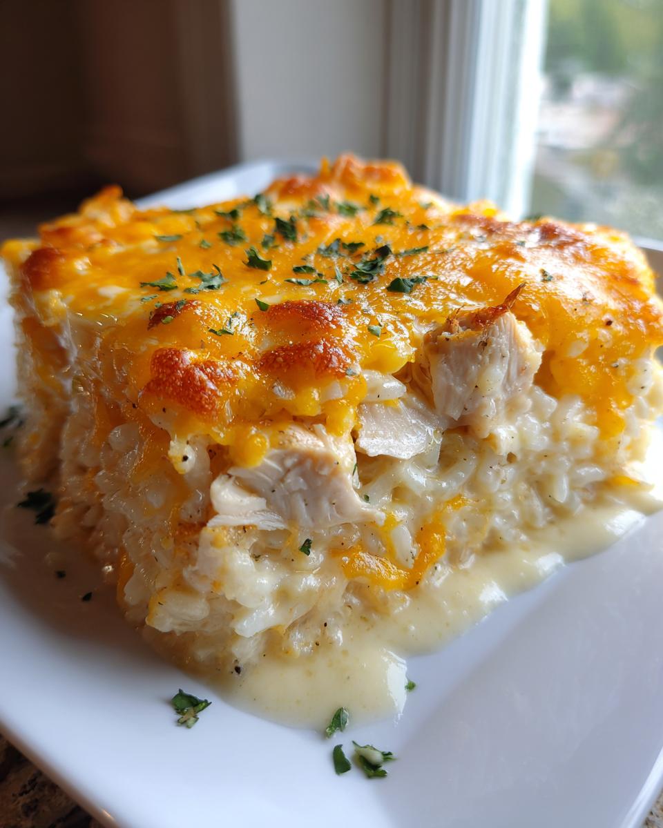 A square serving of creamy chicken and rice casserole topped with melted cheddar cheese and parsley.
