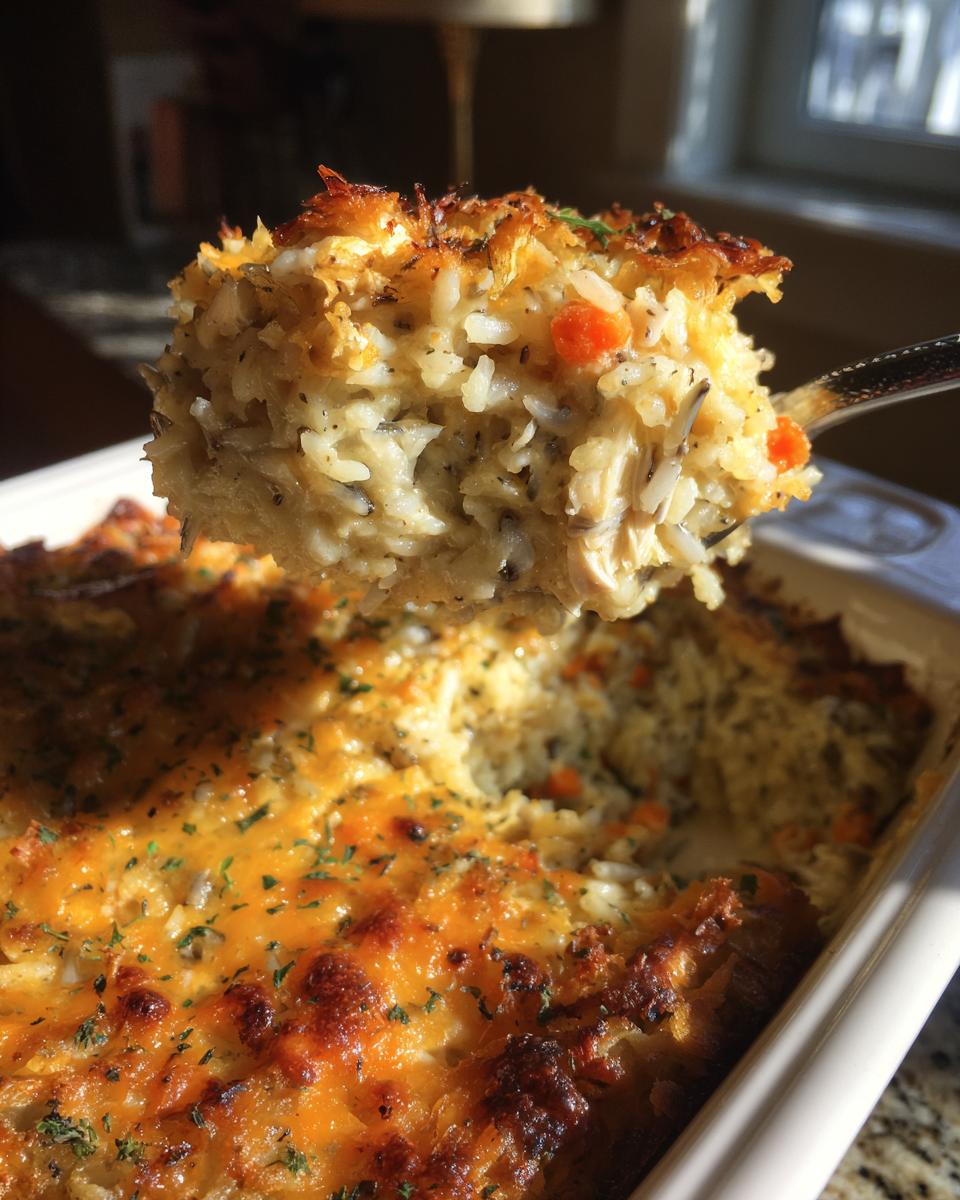 A spoonful of creamy chicken and wild rice casserole with a crispy, cheesy topping being lifted from the baking dish.