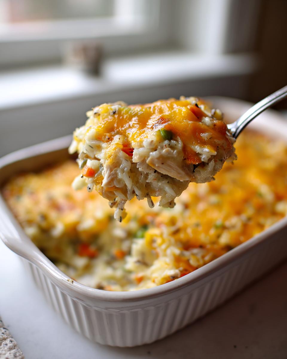A spoonful of creamy chicken and wild rice casserole topped with melted cheddar cheese being lifted from a baking dish.