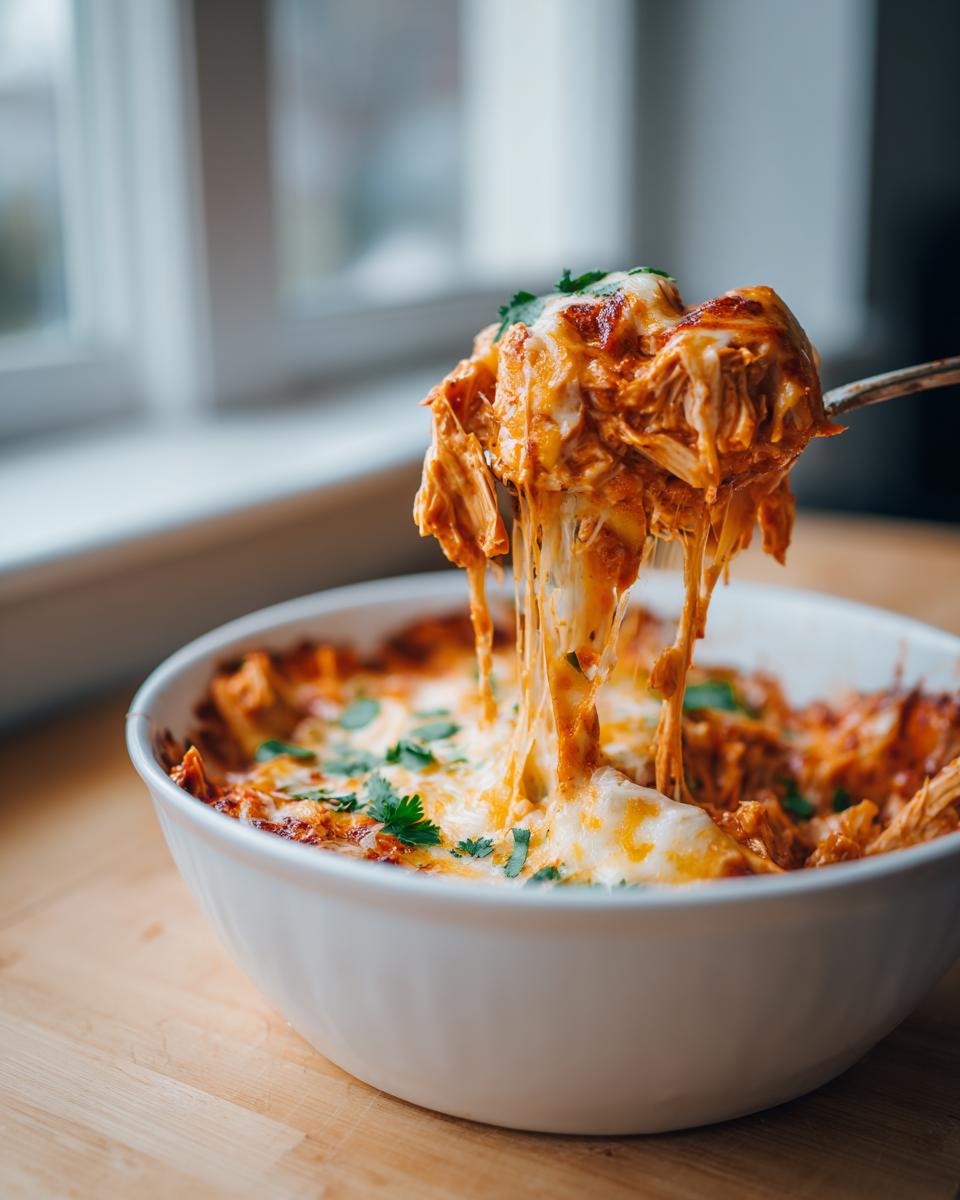 A spoonful of hot, cheesy chicken enchilada dip showing a dramatic cheese pull, garnished with cilantro.