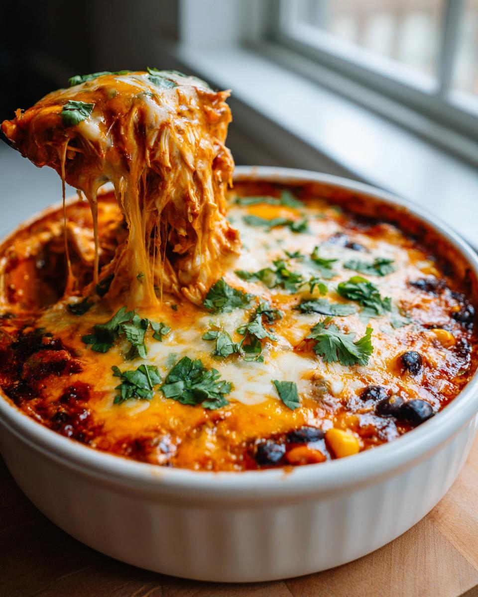 A spoonful of hot, cheesy chicken enchilada dip being lifted out of a white baking dish, showing a dramatic cheese pull.