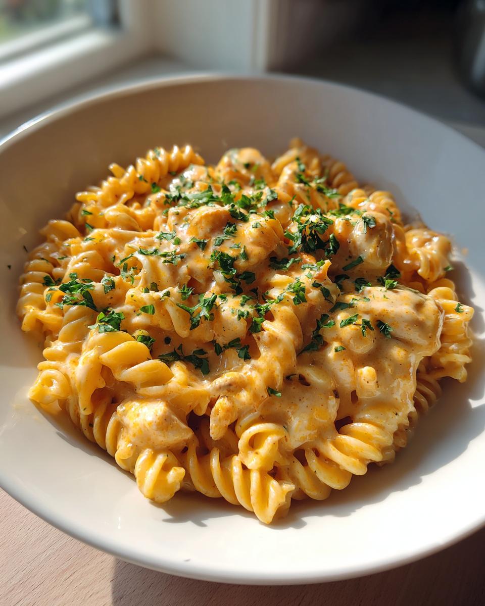 Close-up of a bowl filled with creamy, orange-hued cheesy chicken pasta made with rotini noodles, topped with fresh parsley.