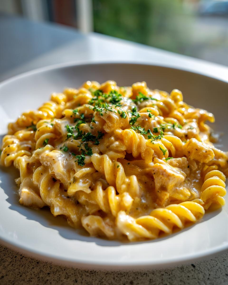 A close-up serving of creamy, cheesy chicken pasta made with rotini noodles, topped with fresh parsley.