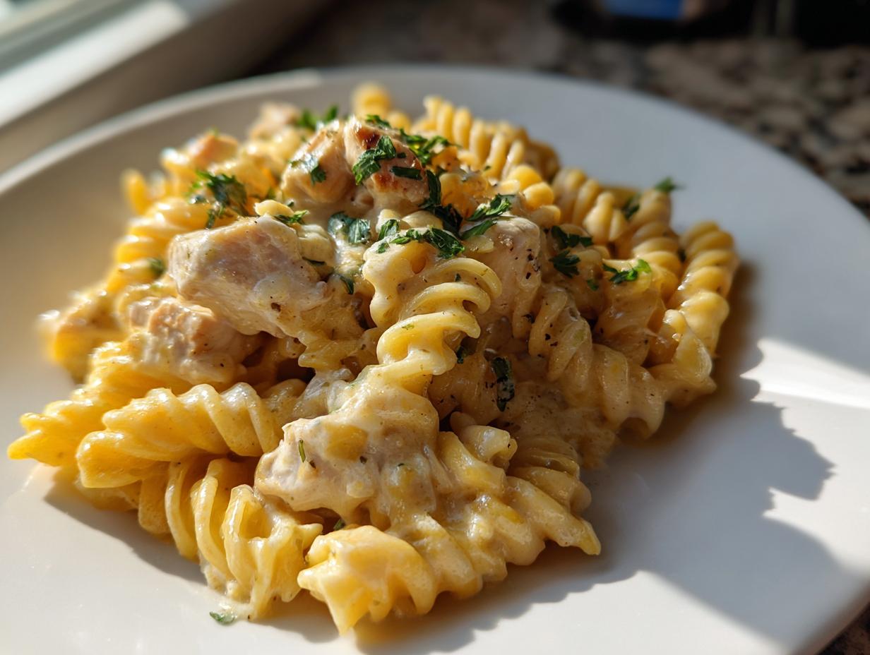 A serving of creamy, cheesy chicken pasta made with rotini noodles, garnished with fresh parsley.