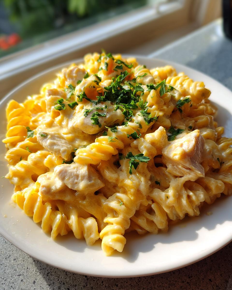 A close-up of cheesy chicken pasta made with rotini noodles, topped with fresh parsley.