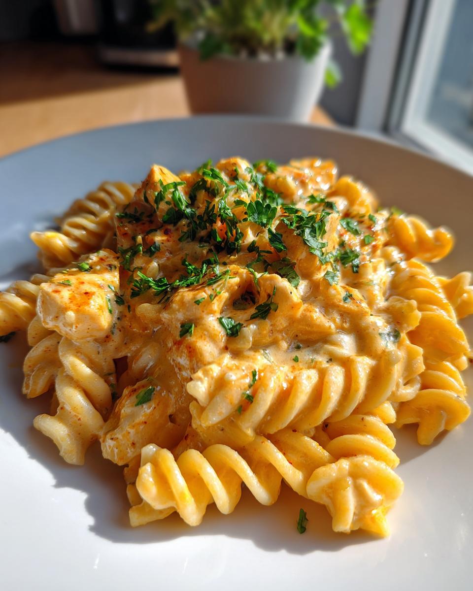Close-up of cheesy chicken pasta made with fusilli, coated in a creamy sauce and topped with fresh parsley.