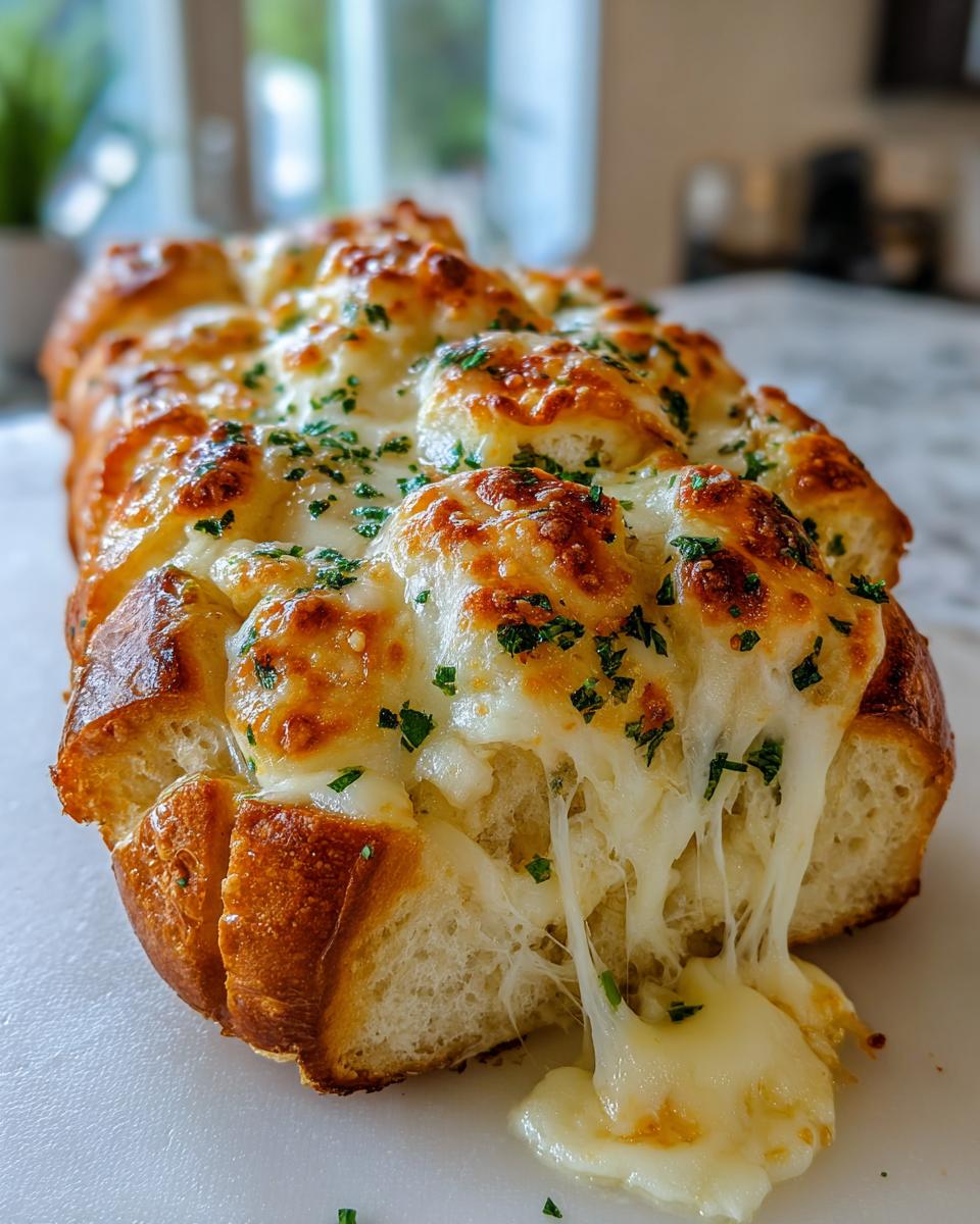 Close-up of cheesy Hawaiian roll garlic bread with melted cheese stretching as a piece is pulled away.