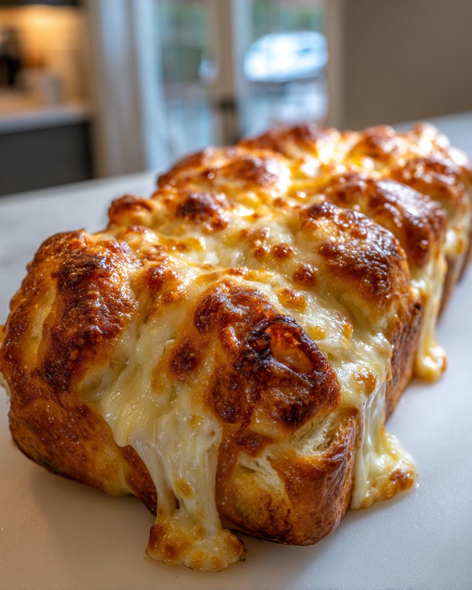 Close-up of freshly baked Hawaiian Roll Garlic Bread covered in melted, bubbly, golden cheese.