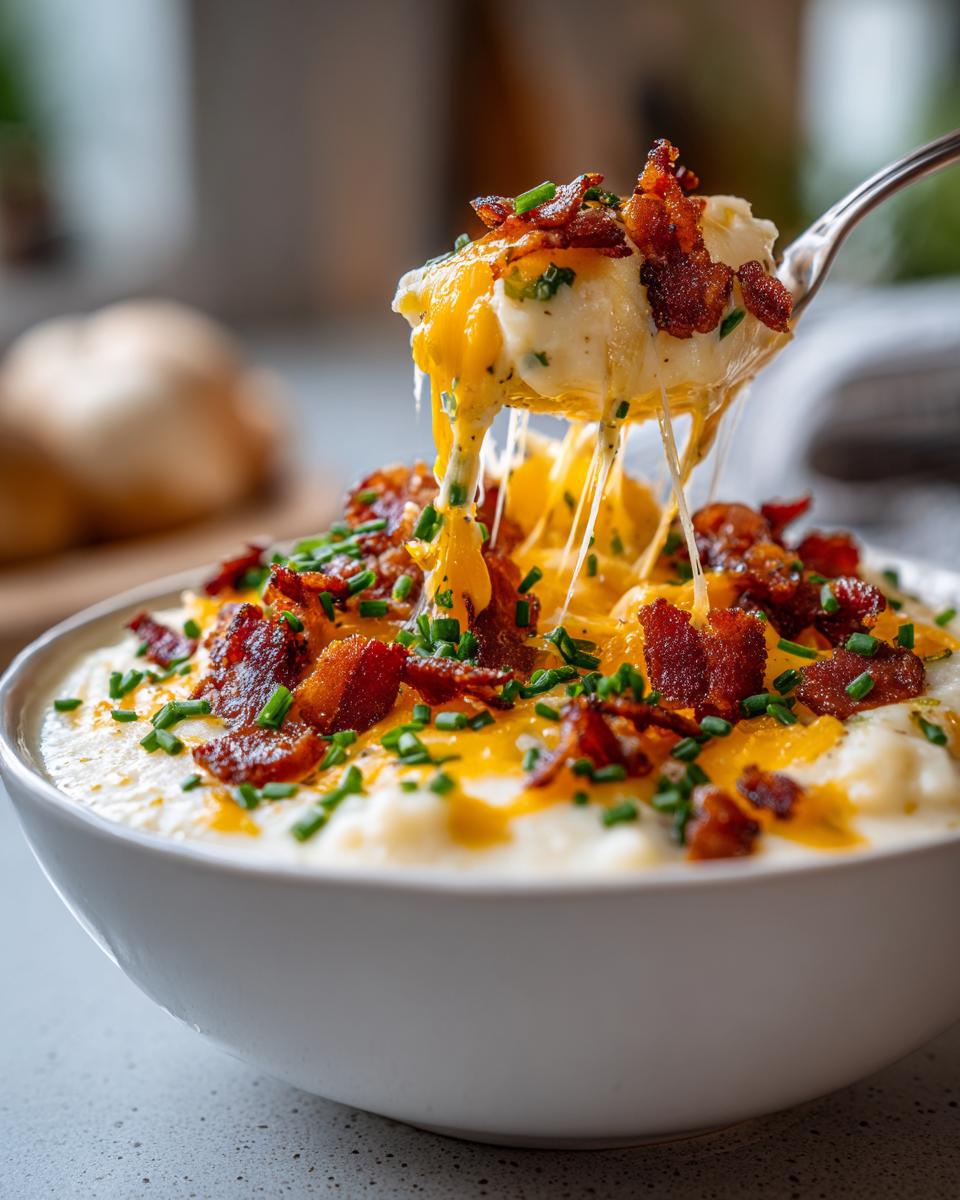 A spoonful of creamy potato soup recipe lifted, showing melted cheese strings, bacon bits, and chives.