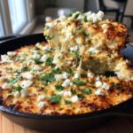 A spoonful of hot, cheesy mexican street corn dip being lifted from a cast iron skillet, topped with cotija cheese and cilantro.