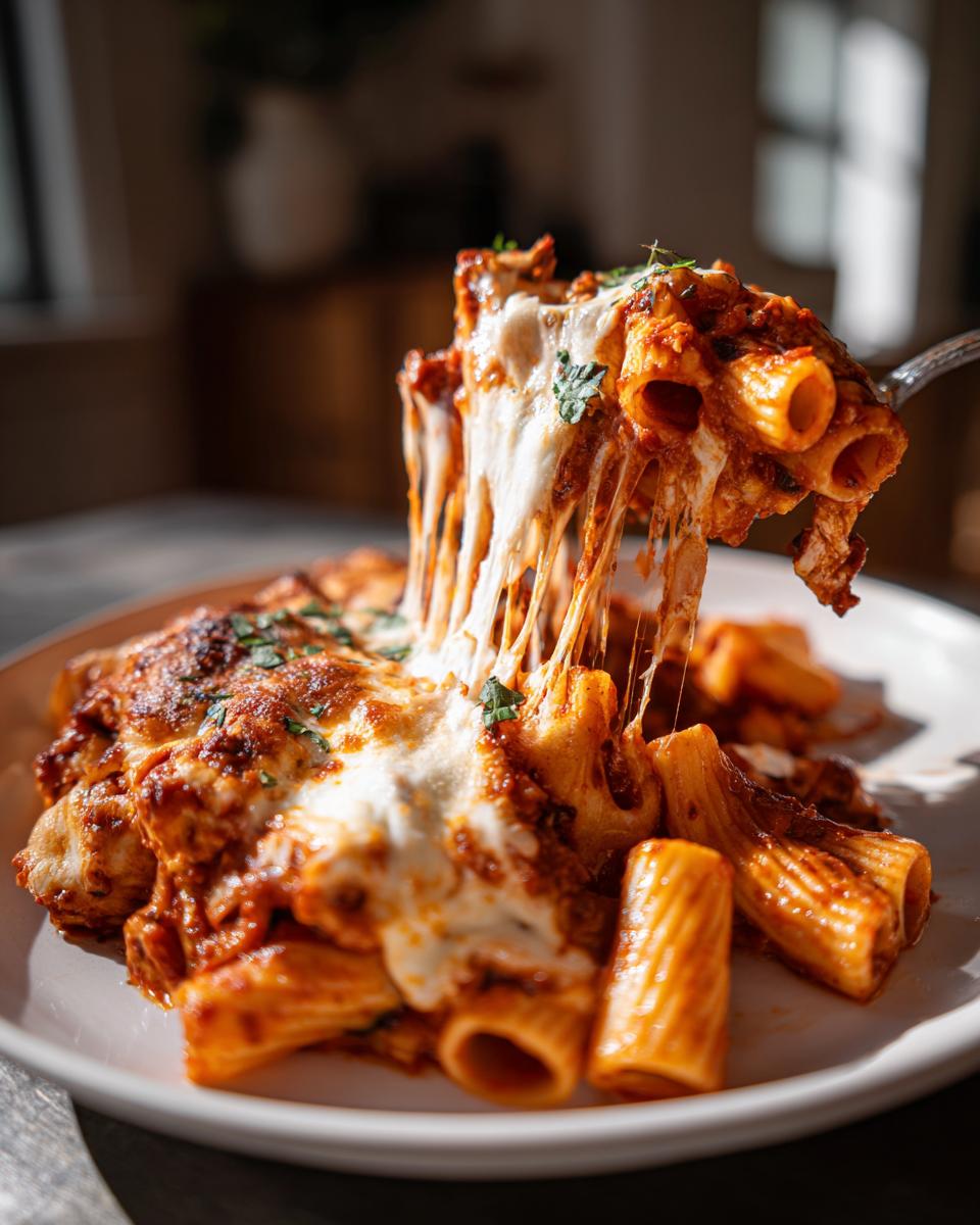 A fork lifting a portion of cheesy pasta bake, showing dramatic, melted mozzarella cheese stretching from the main dish.