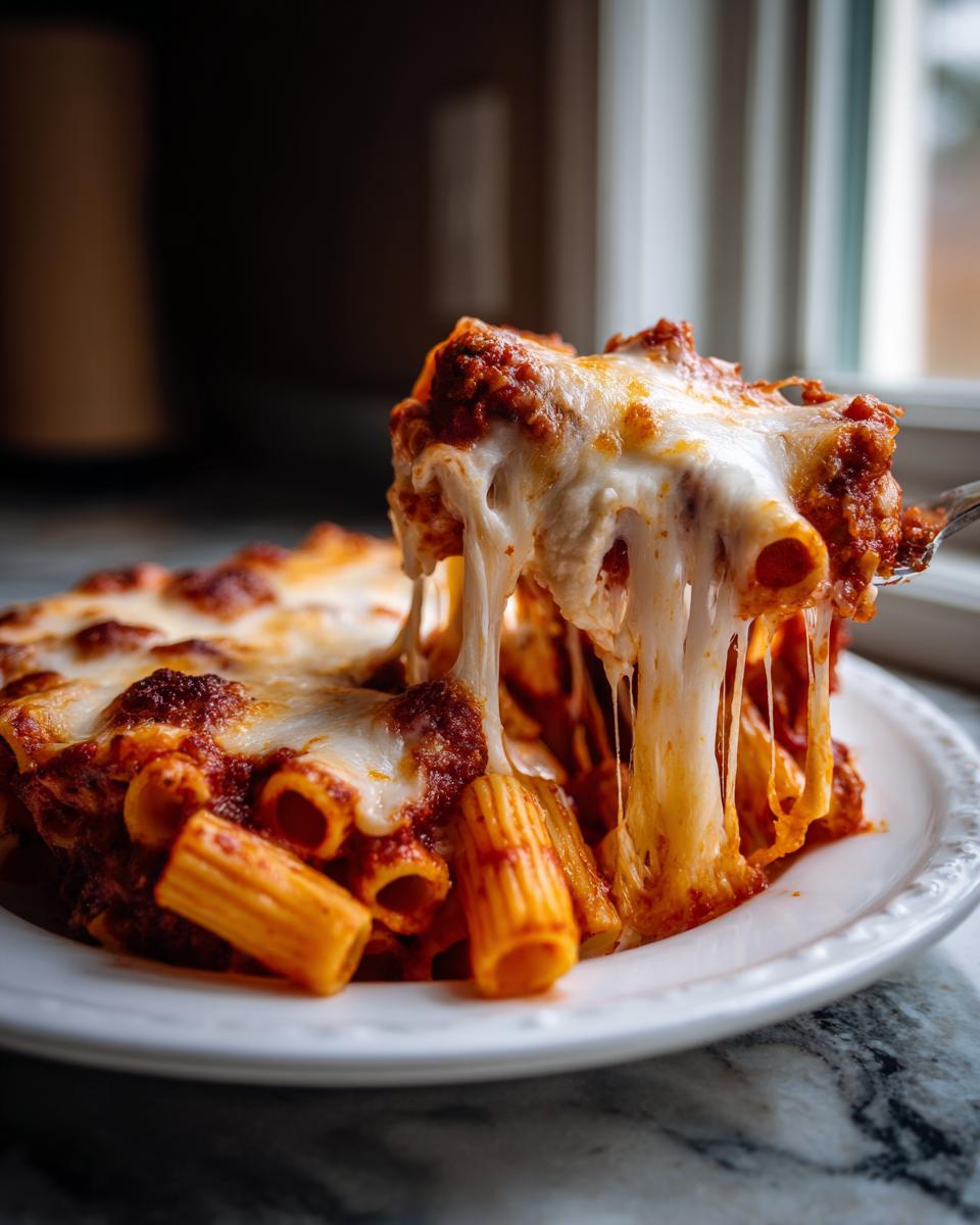 A fork lifts a portion of cheesy pasta bake, showing long, dramatic cheese pulls over the main dish.