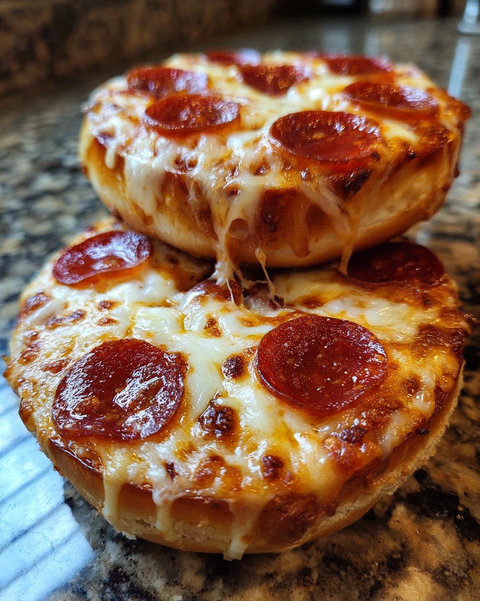 Close-up of two stacked, freshly baked pepperoni pizza bagels with melted, gooey cheese dripping down the sides.