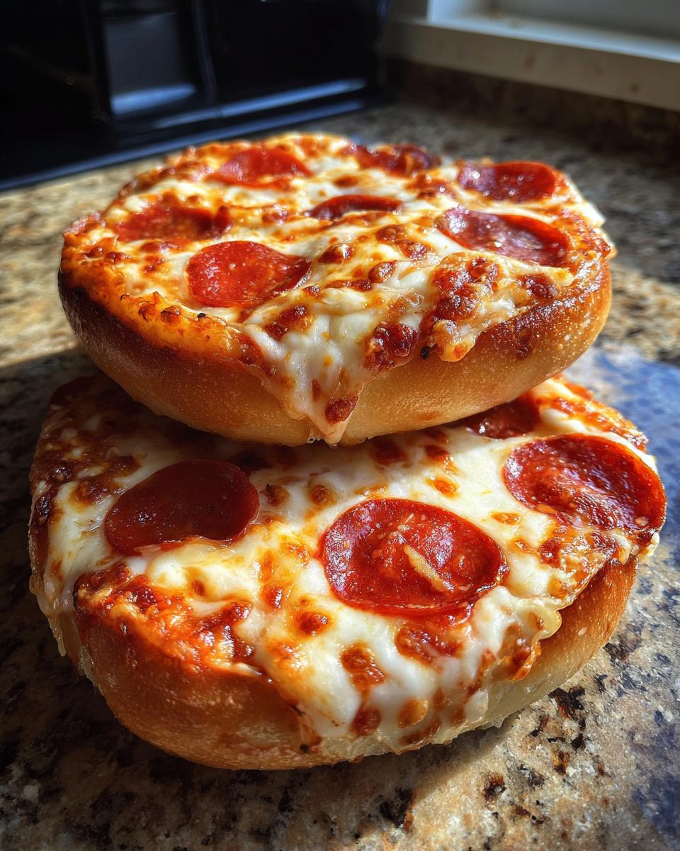 Two freshly baked pepperoni pizza bagels stacked on a granite countertop, featuring melted, bubbly cheese.