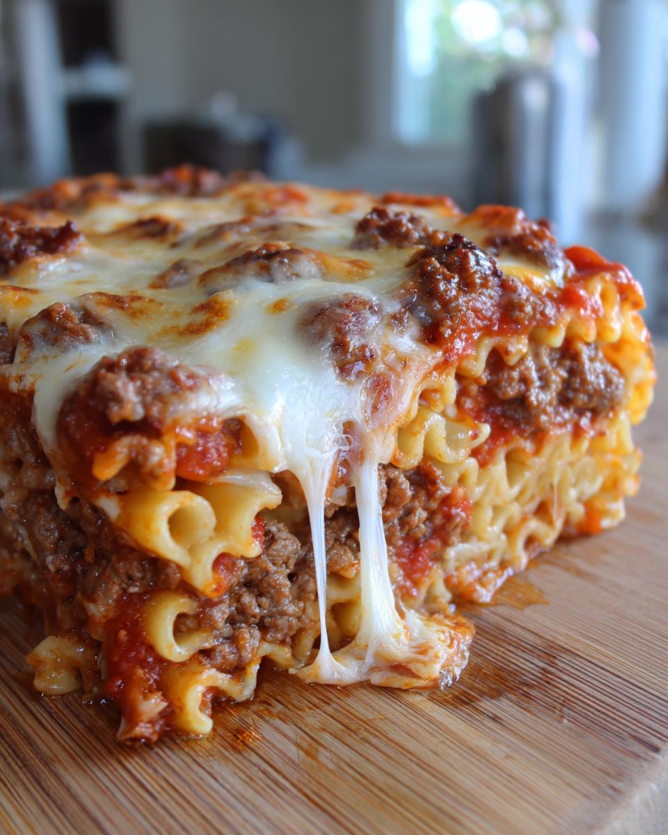 Close-up of a cheesy, layered slice of pizza casserole with meat sauce and stringy melted mozzarella.