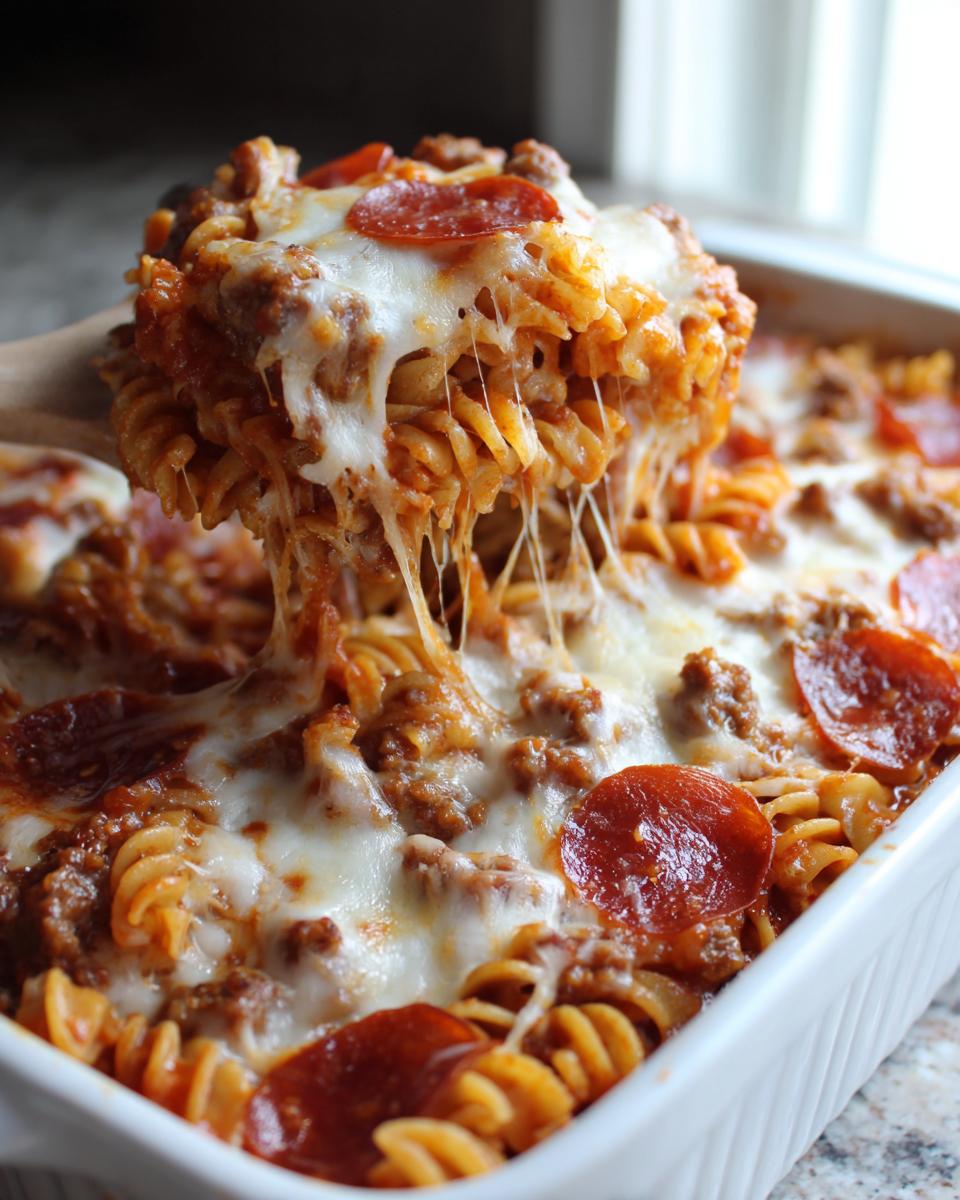 A spoonful of cheesy pizza pasta bake lifted from a white dish, showing long cheese pulls and pepperoni slices.