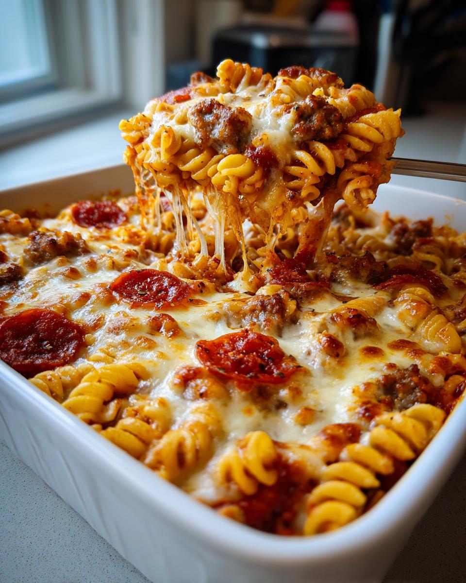 A serving spoon lifts a cheesy portion of pizza pasta bake, showing melted mozzarella stretching from the white baking dish.