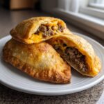 Three golden brown cheesy pocket tacos on a white plate, one cut open showing seasoned ground beef and melted cheddar cheese.