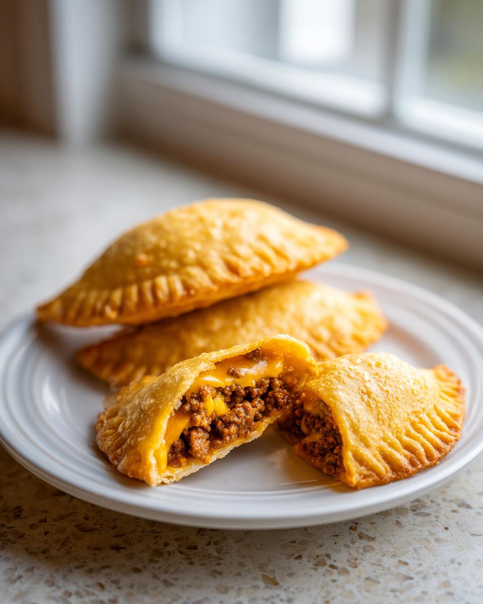 Close-up of golden, fried cheesy pocket tacos on a white plate, one is cut open showing ground beef and melted cheese.