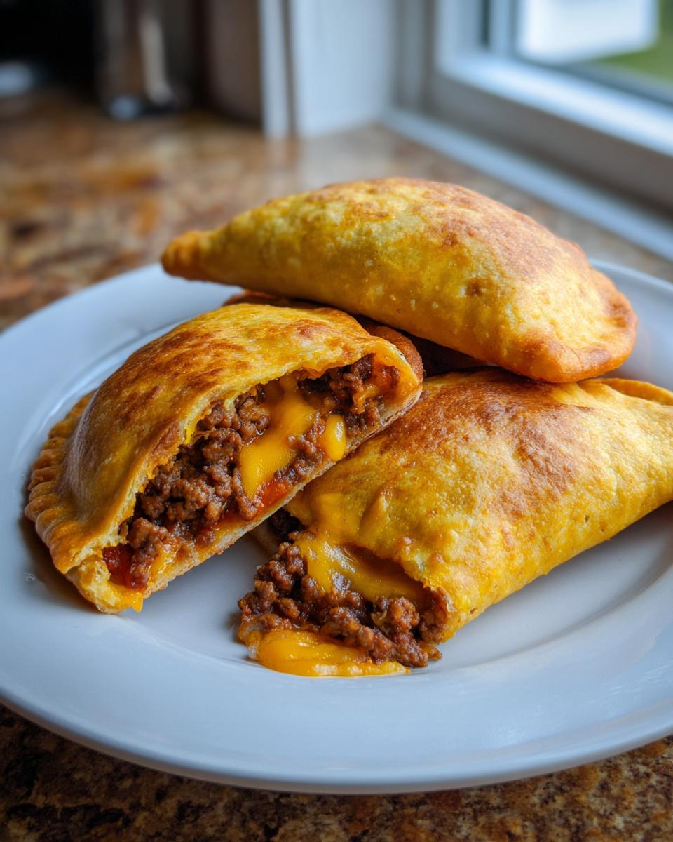 Close-up of three golden-brown cheesy pocket tacos, one cut open showing ground beef and melted cheese filling.