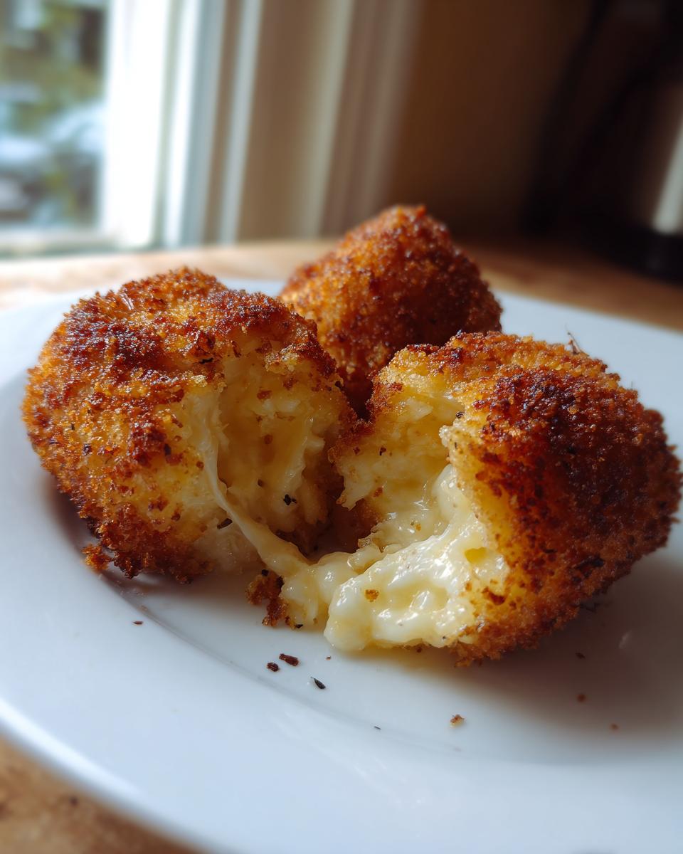 Close-up of three golden-brown potato croquettes, one broken open revealing a gooey, melted cheese center.